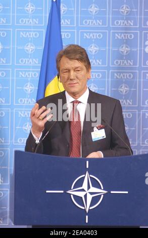 Ukraine's President Viktor Yushchenko delivers his speech at the Summit Meeting of the NATO-Ukraine Commission held at the alliance headquarters in Brussels, Belgium, on February 22, 2005. Photo by NATO Photos/ABACA. Stock Photo