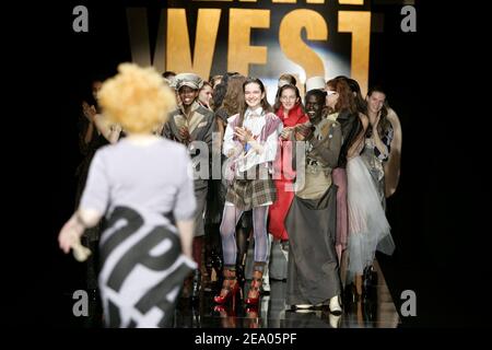 British designer Vivienne Westwood applaused by her models during the Ready-to-Wear Fall-Winter 2005-2006 collection presentation in Paris, France, on March 1, 2005. Photo by Java/ABACA.Ê