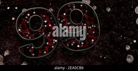 Number 99 in thick letters with organic red structure and white balls inside on a black stone background with texture of red lines and glass spheres. Stock Photo