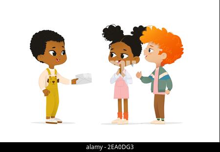 African american boy holding an envelope in his hand. Multicultural children talk to each other. School boy say hello to his new friends. Stock Vector