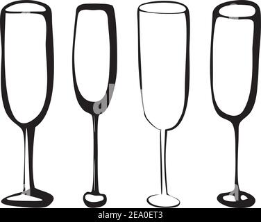 Vector hand drawn doodle set champagne empty wine glasses black illustration of wineglasses drink on white background Stock Vector