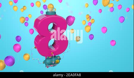 Red number 8 floating in the air connected to a compressor through glass pipes expelling balloons through glass tubes on a blue background with yellow Stock Photo