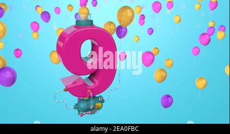 Red number 9 floating in the air connected to a compressor through glass pipes expelling balloons through glass tubes on a blue background with yellow Stock Photo