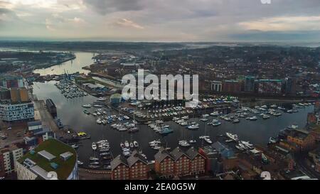 An aerial photo of the Wet Dock in Ipswich, Suffolk, UK at sunset Stock Photo
