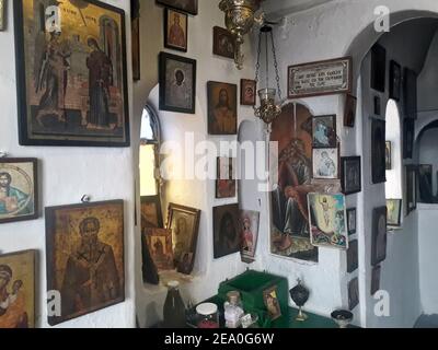 Internal detail of the small Greek Orthodox chapel of Profitis Elias on Mt Hymettus, above Athens, Greece Stock Photo