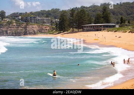 Avalon Beach in Sydney Australia on a summers day with people enjoying time in the ocean,NSW,Australia Stock Photo