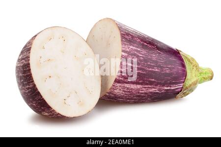 sliced striped eggplant path isolated on white Stock Photo