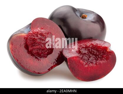 sliced deep red burgundy plum path isolated on white Stock Photo
