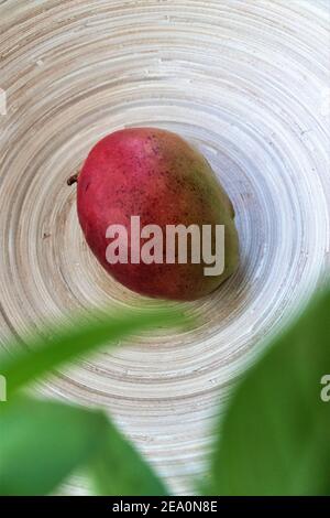 One single whole mango fruit of red and green colors in a bamboo dish top view Stock Photo