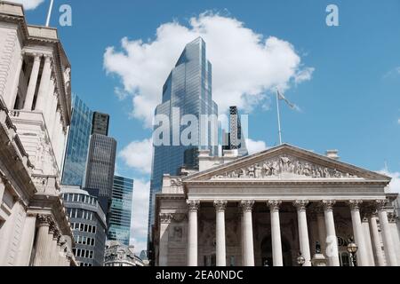 LONDON - 21ST JULY 2020: Bank of England in the City of London, with Londons newest commercial skyscraper 22 Bishopsgate. Stock Photo