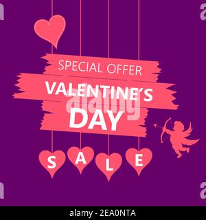 Valentines day sale offer banner template. White text on pink board sign and hearts. Vector illustration in flat style Stock Vector