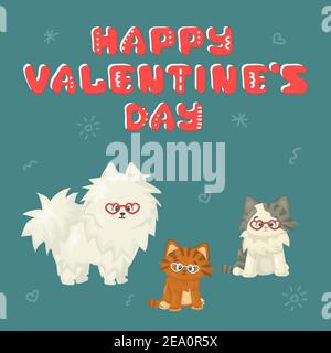 White cartoon isolated vector flat dog with two cats on blue or green background. One cat is white and gray, second is red with stripes. Everybody is Stock Vector