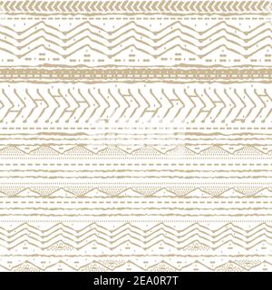 Horizontal Seamless abstract repeat border pattern. Random rough, twisted part of beige triangles or broken lines, zigzags, circles or big dots shapes Stock Vector