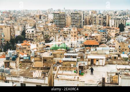 Looking out over the rooftops of the densely stacked houses in Tripoli, Lebanon Stock Photo
