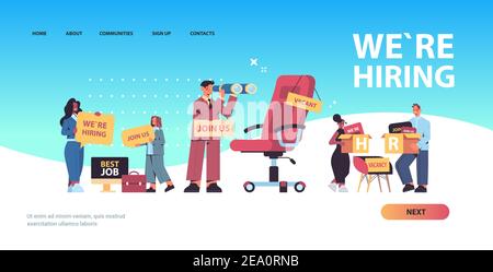 set mix race hr managers holding we are hiring join us posters vacancy open recruitment human resources concept horizontal full length copy space vector illustration Stock Vector