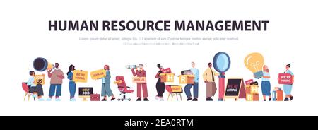 set mix race hr managers holding we are hiring join us posters vacancy open recruitment human resources concept horizontal full length copy space vector illustration Stock Vector