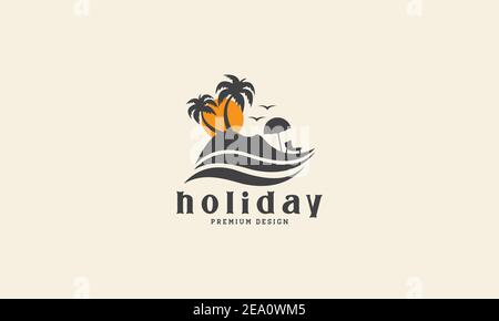 beach sunset with coconut tree and wave vintage logo vector icon symbol graphic design illustration Stock Vector