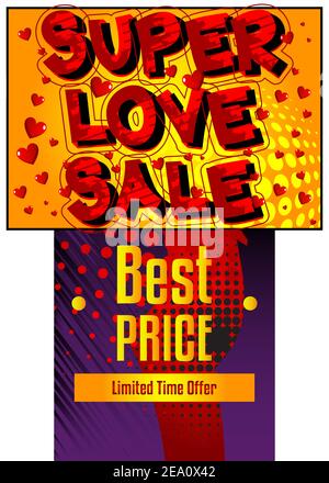Comic book Valentine's Day sale poster template. Comic effects in pop art style. Vector illustration. Love themed fashion sale social media post desig Stock Vector