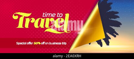 Time to travel. Attractive offer for business. Silhouette of palm on Sunset covered golden paper corner. Vector 3d illustration Stock Vector