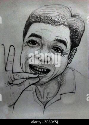 Drawing ,Light and shadow ,Sketch ,out line ,Face, Man ,Happy good mood Stock Photo
