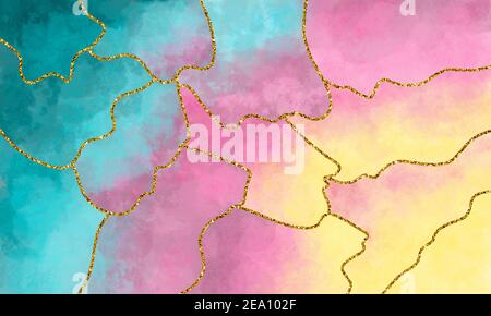 Bright watercolor background with ink spots of turquoise, yellow and pink colors. Illustration in the form of marble with gold. Stock Photo