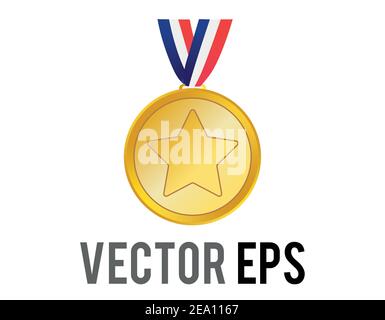 The isolated vector first place gold sports medal icon with star, blue, white, red ribbon Stock Vector