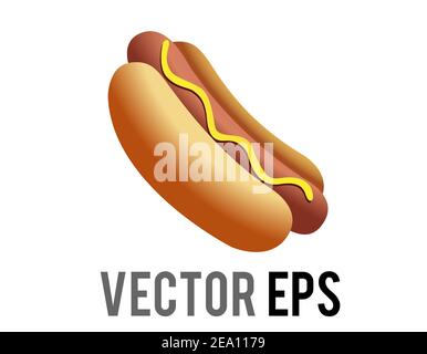 The isolated vector fast food cooked sausage of hot dog in sliced bun with yellow mustard icon Stock Vector