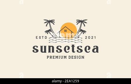 beach hut with coconut tree sunset logo vector icon symbol design graphic illustration Stock Vector