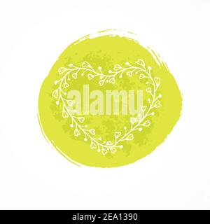 Vector illustration with a floral frame in the shape of a heart on a decorative watercolor background. In green color. Stock Vector