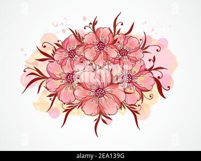 Vector illustration with hand drawn  flowers, leaves and branches with textured watercolor elements. In red colors. Gradient used. Stock Vector