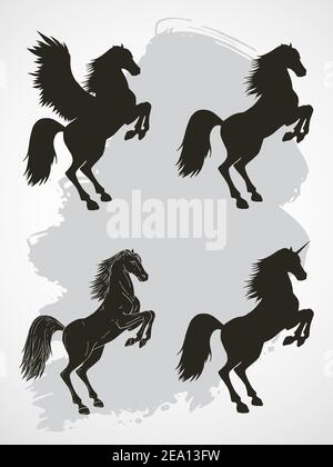 Vector set of hand drawn silhouettes rearing horse, Pegasus and Unicorn. Stock Vector