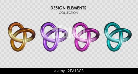 Collection set of realistic 3d render metallic color gradient geometric shapes objects elements for design isolated on transparent background. Vector Stock Vector