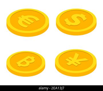 Set of coin icons. Dollar, euro, yuan, bitcoin. Currency symbols in isometric 3D style. Vector illustration Stock Vector