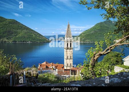 belltower of Perast Village in Kotor Bay, Montenegro Stock Photo