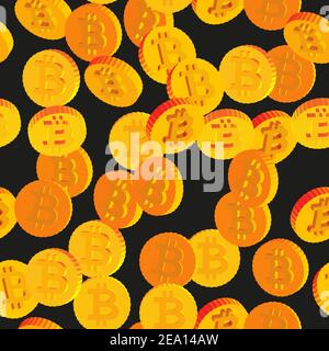 Coins with Bitcoin Symbols Seamless Pattern, 3D Illustration on Black Background Stock Vector