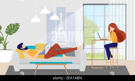 couple of young people working on a laptop while sitting and lying on the sofa in the living room. vector. a man and a woman are working on the Stock Vector