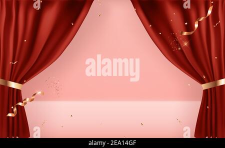 Realistic 3D open curtains background template. Vector Illustration Stock Vector