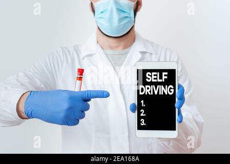 Writing note showing Self Driving. Business concept for Autonomous vehicle Ability to navigate without input Laboratory Blood Test Sample Shown For Me Stock Photo