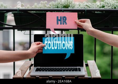 Writing note showing Hr Solutions. Business concept for Outsourced Human resources consultancy and support Experts Empty bubble chat sticker mock up e Stock Photo