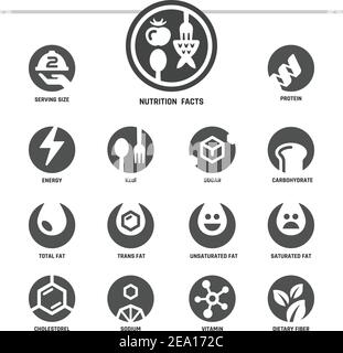 nutrition facts,inverse flat style,icon set Stock Vector