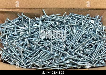 Self-tapping screws in a cardboard box. Screw for working with wood products and surfaces. Hardware, fasteners and materials for construction and repa Stock Photo