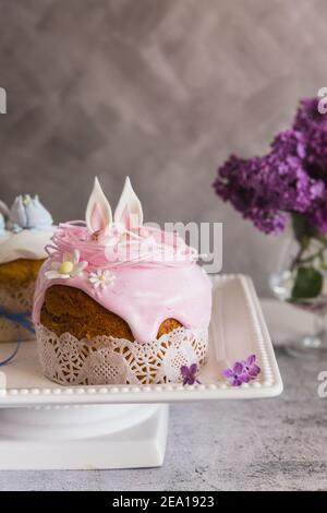 Easter Cakes decorated with nest and eggs - Traditional Kulich, Paska Easter Bread. Traditional Easter spring Stock Photo