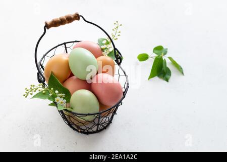 Basket with colorful Easter eggs, spring flowers on white background Stock Photo