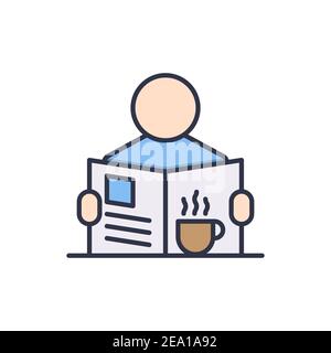 Reading newspaper with coffee and tea icon, color, line, outline vector sign, linear style pictogram isolated on white. Symbol, logo illustration Stock Vector