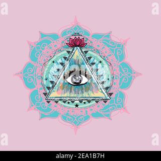 All seeing eye inside triangle pyramid. Stock Vector