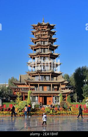 The 9 storey-32'8 ms.high-octagonal Wooden Pagoda or Muta Temple dating from AD 557-North Zhou Dynasty-rebuilt in AD 1926 nowadays houses the Folk Cus Stock Photo
