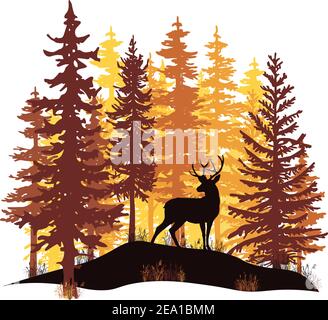 Orange and yellow sunset in coniferous forest. Deer with antlers posing on the hill covered with grass. Stock Vector