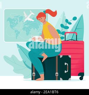 Time to travel concept. Woman sitting on a suitcase, with a tablet in hands, orders a plane ticket. Vector illustration in flat style Stock Vector