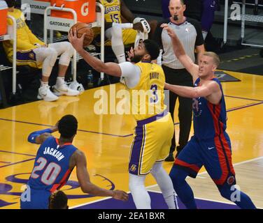 Los Angeles, United States. 06th Feb, 2021. Los Angeles Lakers' forward Anthony Davis secures the offensive foul against Detroit Pistons' center Mason Plumlee during the second quarter at Staples Center in Los Angeles on Saturday, February 6, 2021. The Lakers defeated the Pistons 135-129 in double-overtime. Photo by Jim Ruymen/UPI Credit: UPI/Alamy Live News Stock Photo