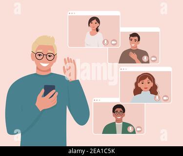 Video call conference on the phone with friends or colleagues. Vector illustration in flat style Stock Vector
